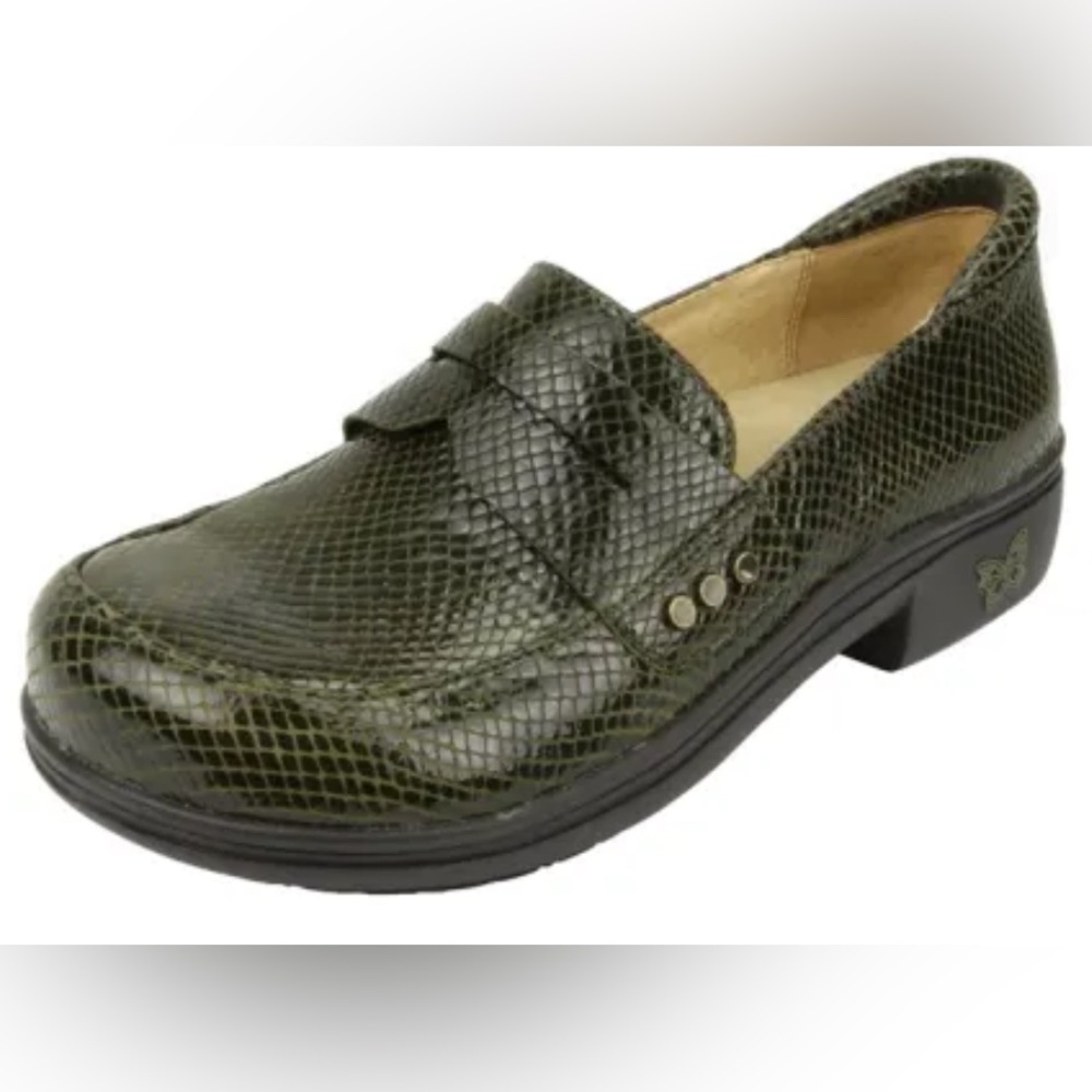 Alegria Olive Green Snakeskin-Effect Leather Loafer